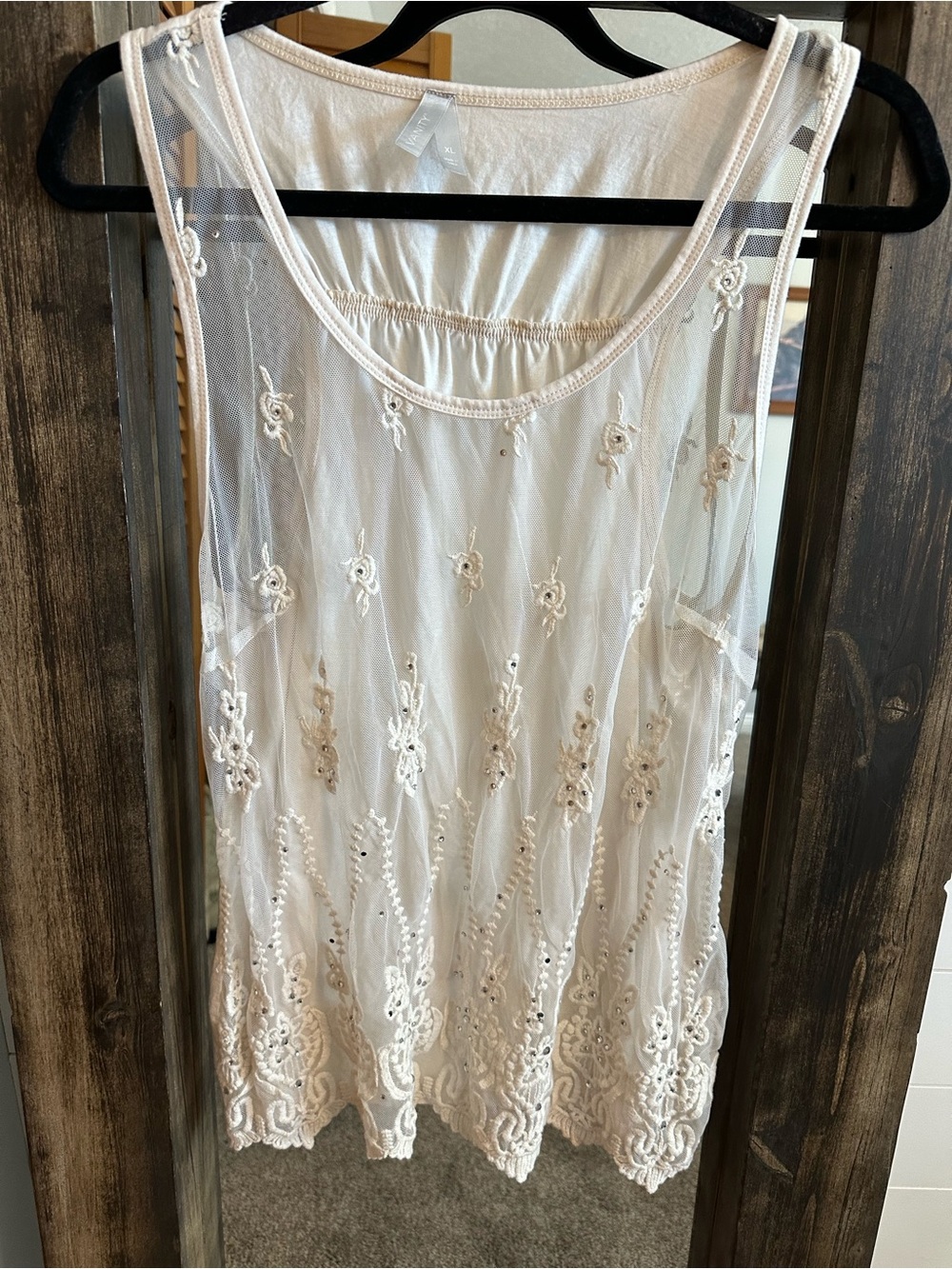 Vanity Embroidered Lace Mesh Tank Top Ivory XL Boho Cottagecore Fairy Flowy